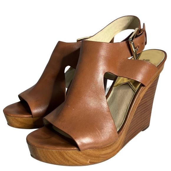 Michael Kors Josephine Tan Leather Wedge Open Toe Sandals Shoes Size 9M - Picture 8 of 12